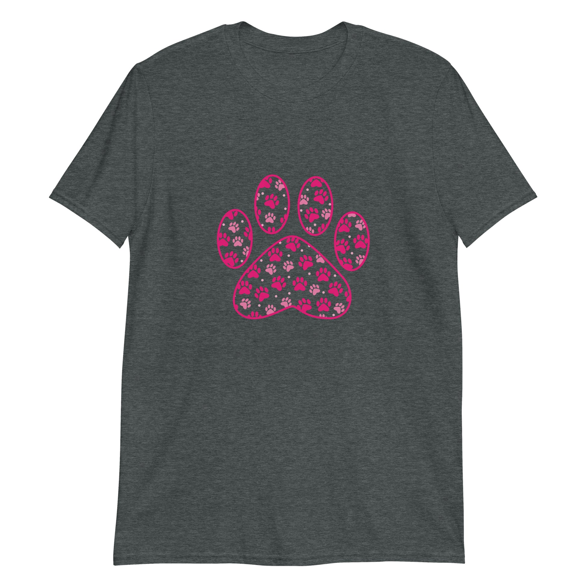 Dark Gray short sleeve shirt with a pink paw print filled with mini pink paw prints