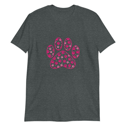 Dark Gray short sleeve shirt with a pink paw print filled with mini pink paw prints