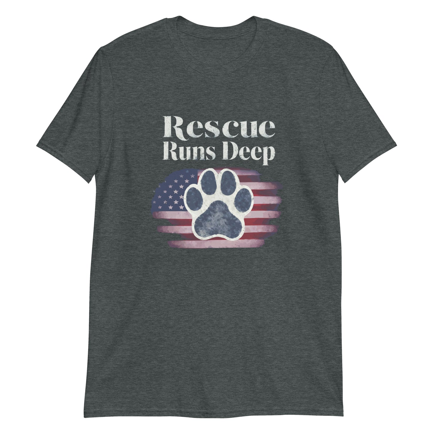 Dark gray t-shirt with 'Rescue Runs Deep' text and paw print design on a white background