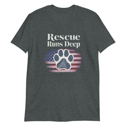 Dark gray t-shirt with 'Rescue Runs Deep' text and paw print design on a white background