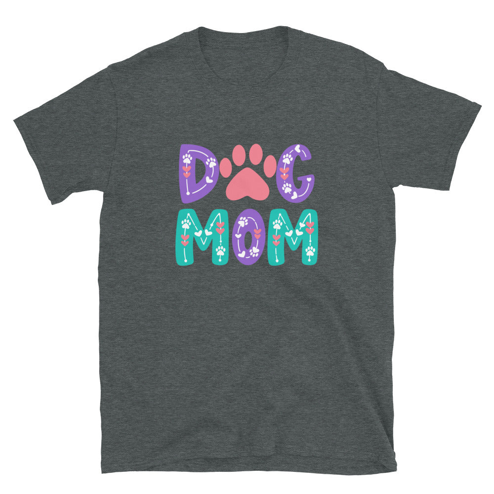 Dark gray t-shirt with 'Dog Mom' text and paw prints on a white background