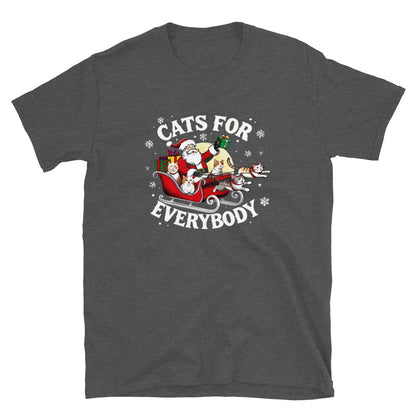 Santa in a sleigh being led by cats that says cats for everybody design on a charcoal gray shirt