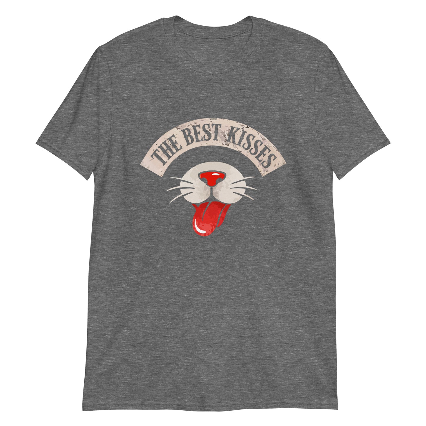 Gray t-shirt with a graphic of a cat's face and 'The Best Kisses' text on a white background