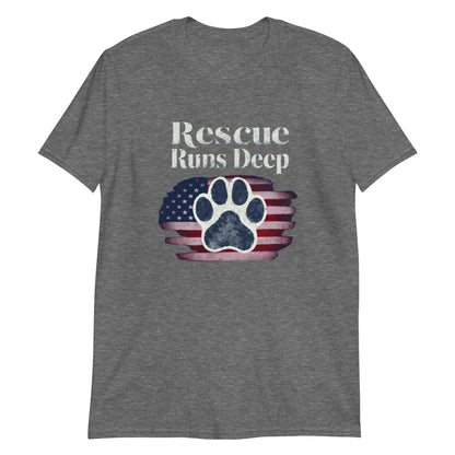 Light gray t-shirt with 'Rescue Runs Deep' text and paw print design on a white background