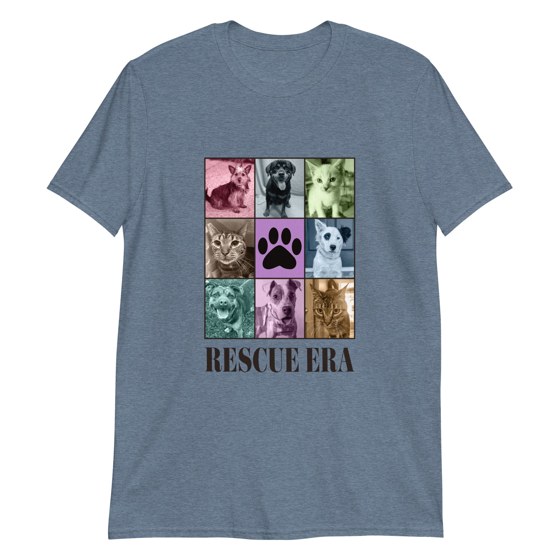 Blue t-shirt with a grid of dog and cat images and 'RESCUE ERA' text on a white background