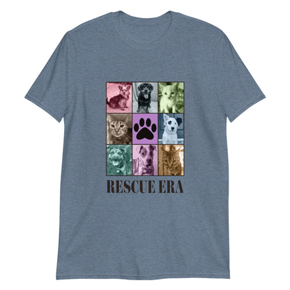 Blue t-shirt with a grid of dog and cat images and 'RESCUE ERA' text on a white background