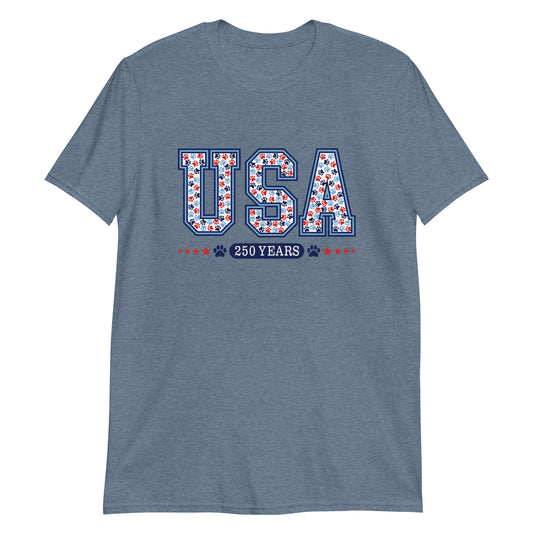 Blue Shirt with the words USA and 250 Years with paw prints in red white and blue