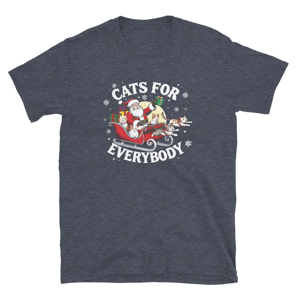 Santa in a sleigh being led by cats that says cats for everybody design on a heathered navy shirt