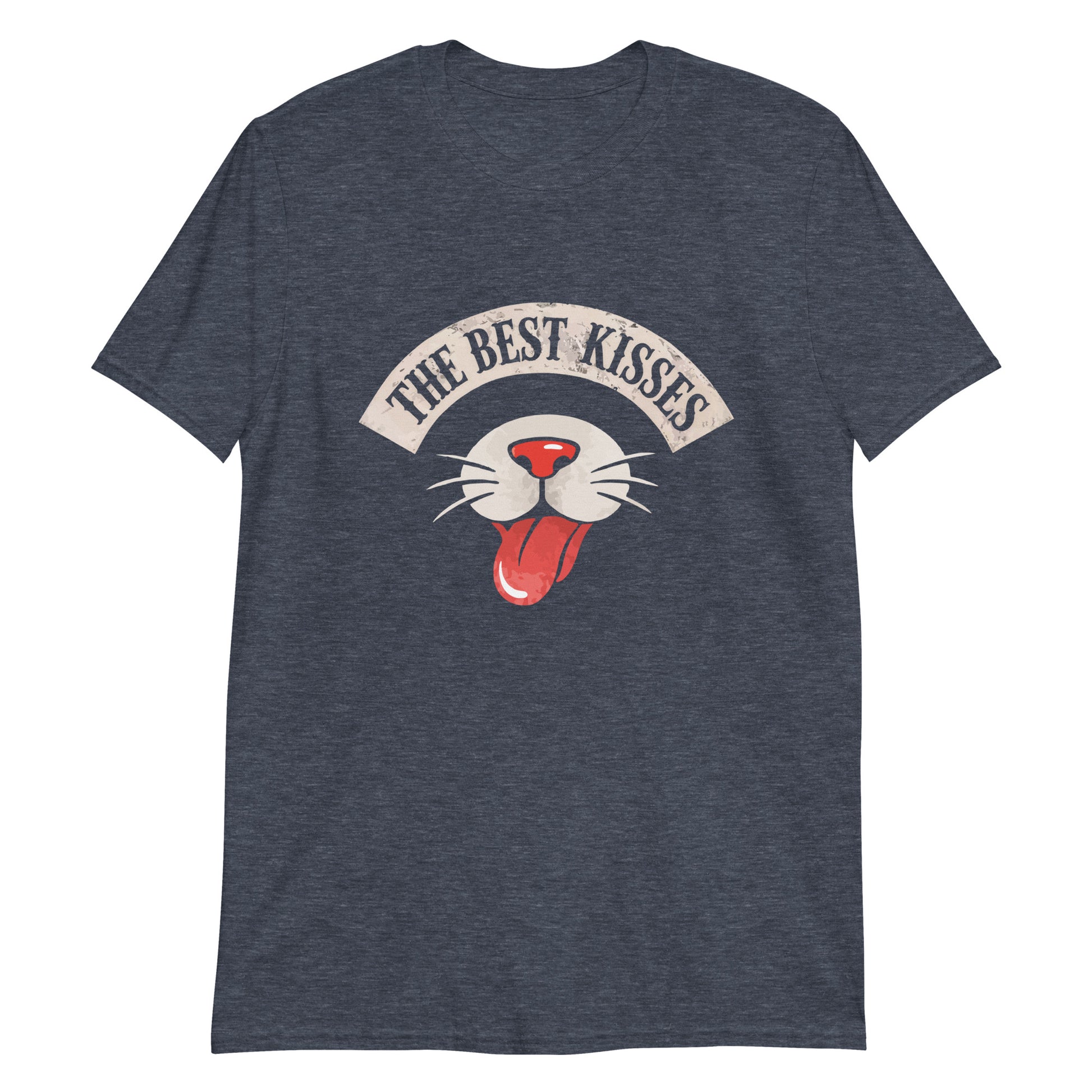 Heathered Navy t-shirt with a graphic of a cat's face and 'The Best Kisses' text on a white background