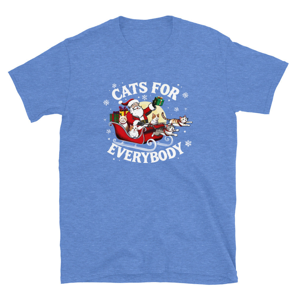 Santa in a sleigh being led by cats that says cats for everybody design on a heathered royal blue shirt