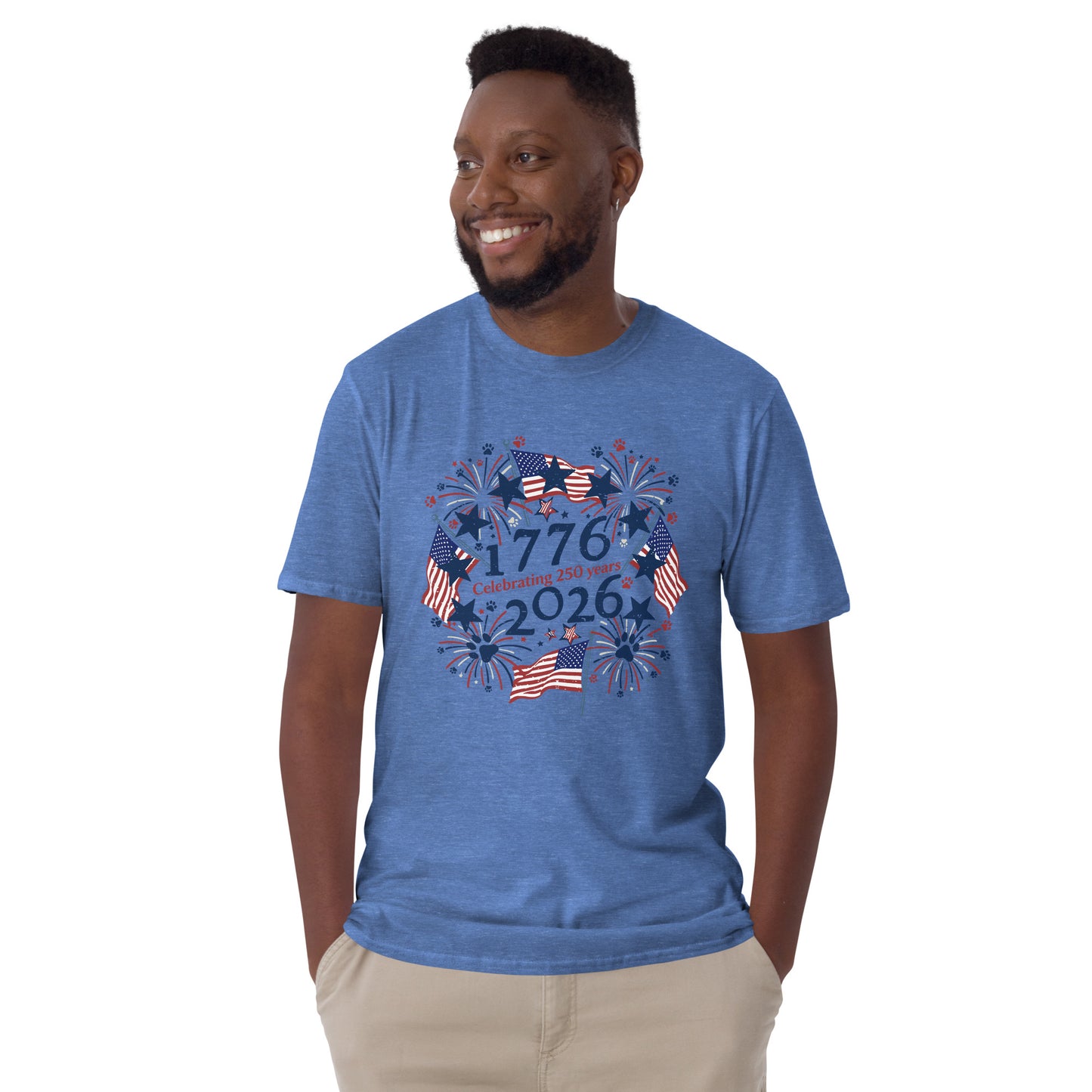 Man wearing a blue t-shirt with 'celebrating 250 years' text on a white background