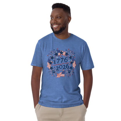 Man wearing a blue t-shirt with 'celebrating 250 years' text on a white background