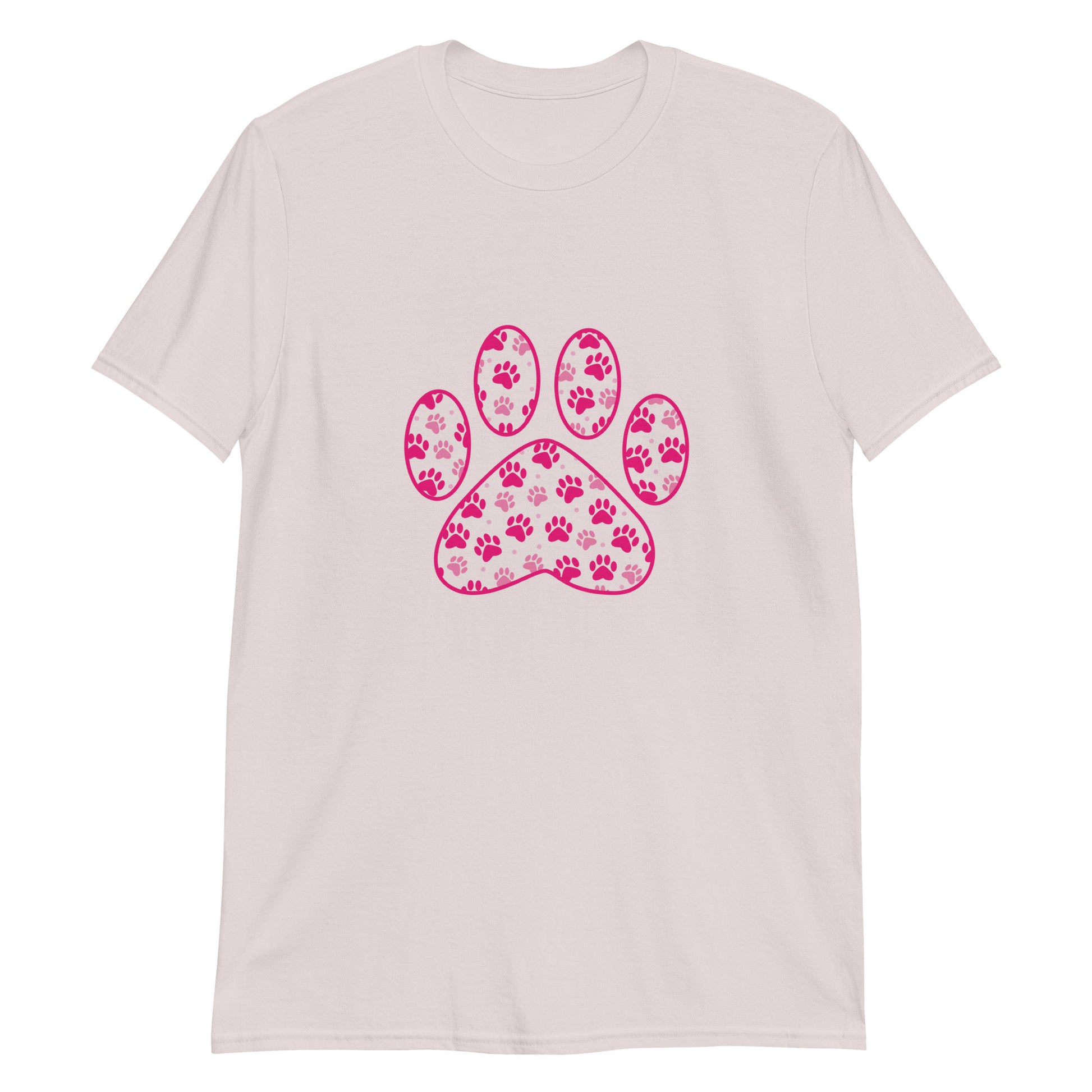 Ice Gray short sleeve shirt with a pink paw print filled with mini pink paw prints