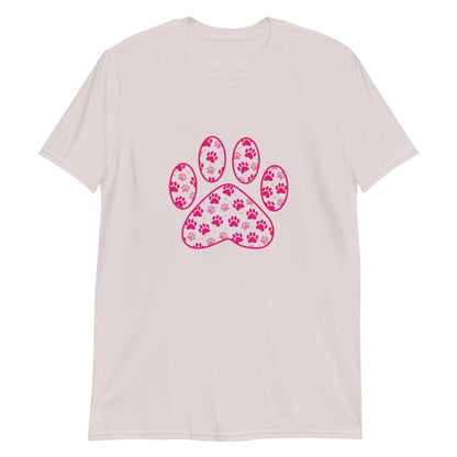 Ice Gray short sleeve shirt with a pink paw print filled with mini pink paw prints