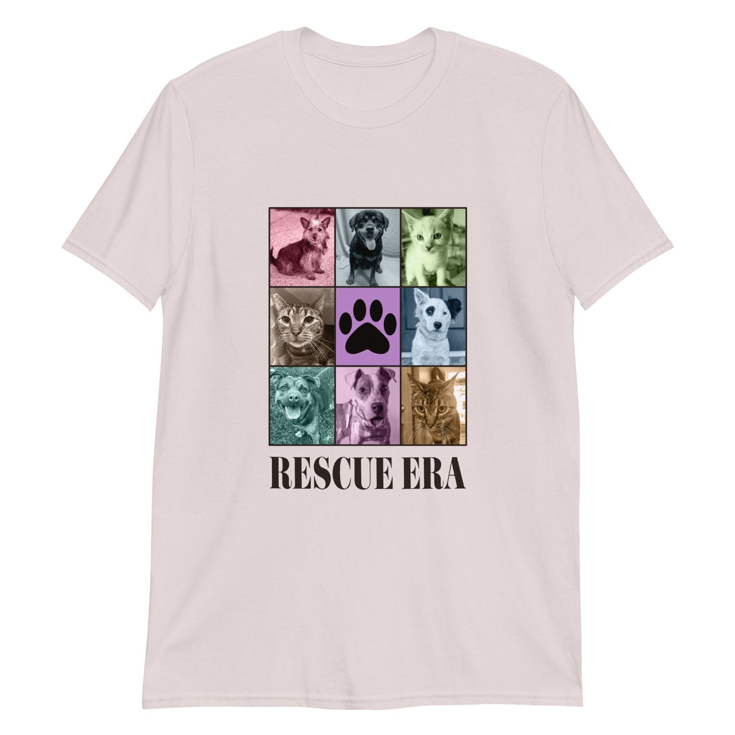 Ice Grey t-shirt with a grid of dog and cat images and 'RESCUE ERA' text on a white background