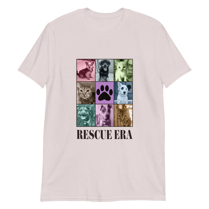Ice Grey t-shirt with a grid of dog and cat images and 'RESCUE ERA' text on a white background