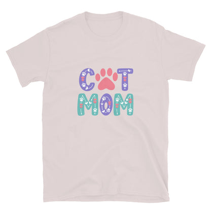T-shirt with 'Cat Mom' text and paw print design on a light pink background