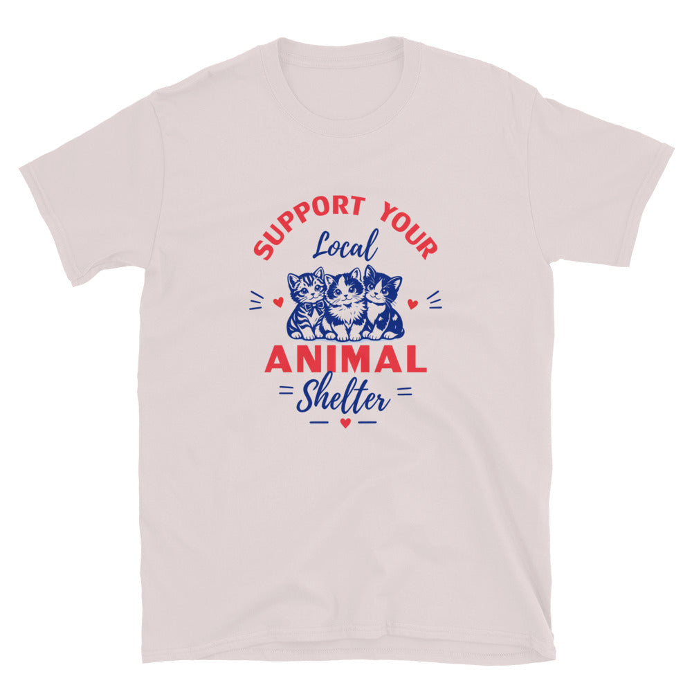 T-shirt with 'Support Your Local Animal Shelter' text and cat illustrations on a beige background
