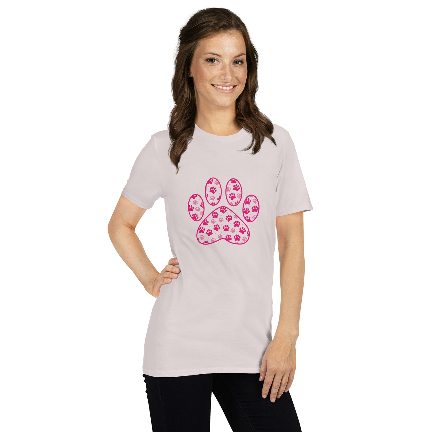 woman wearing a short sleeve ice gray colored shirt with a paw print graphic on it