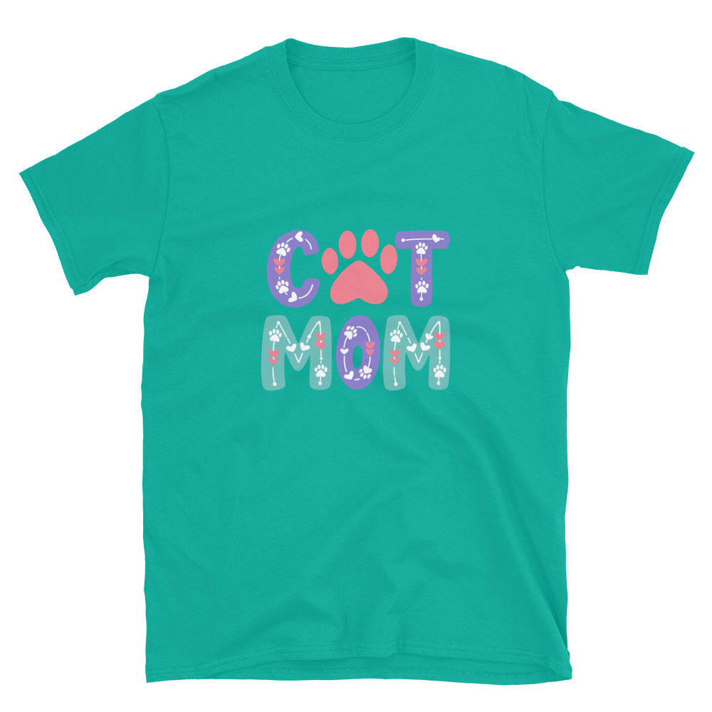 Green t-shirt with 'Cat Mom' text and paw prints on a white background