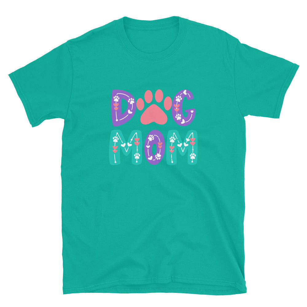 Green t-shirt with 'Dog Mom' text and paw print design on a white background