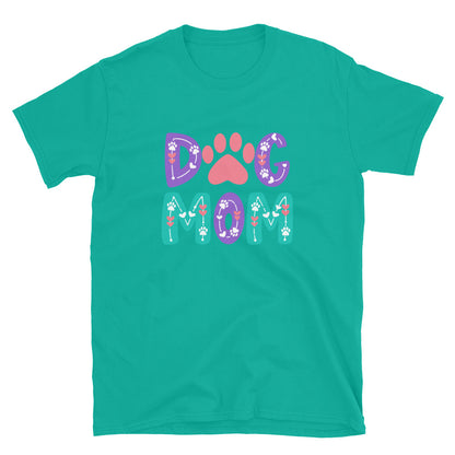Green t-shirt with 'Dog Mom' text and paw print design on a white background