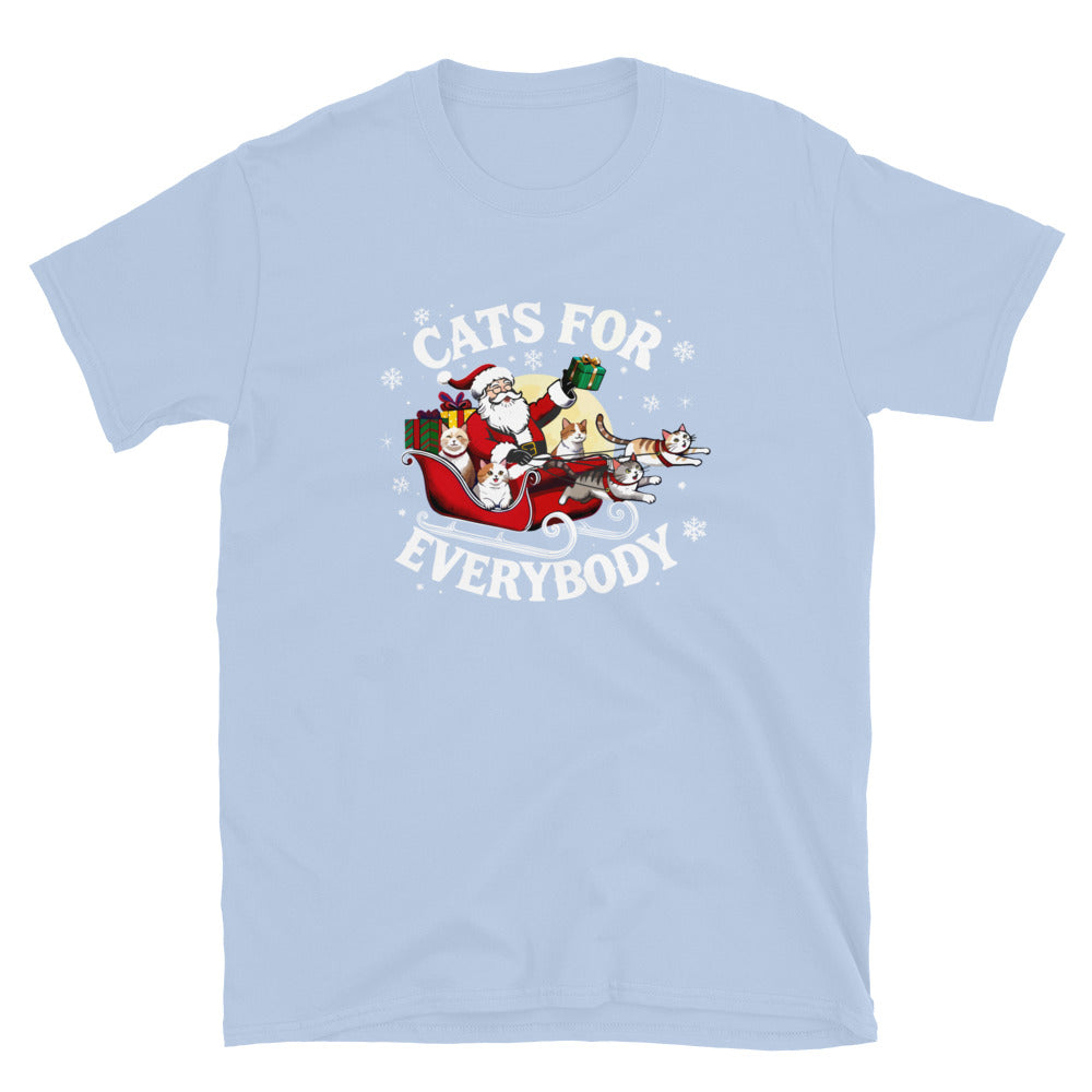 Santa in a sleigh being led by cats that says cats for everybody design on a light blue shirt