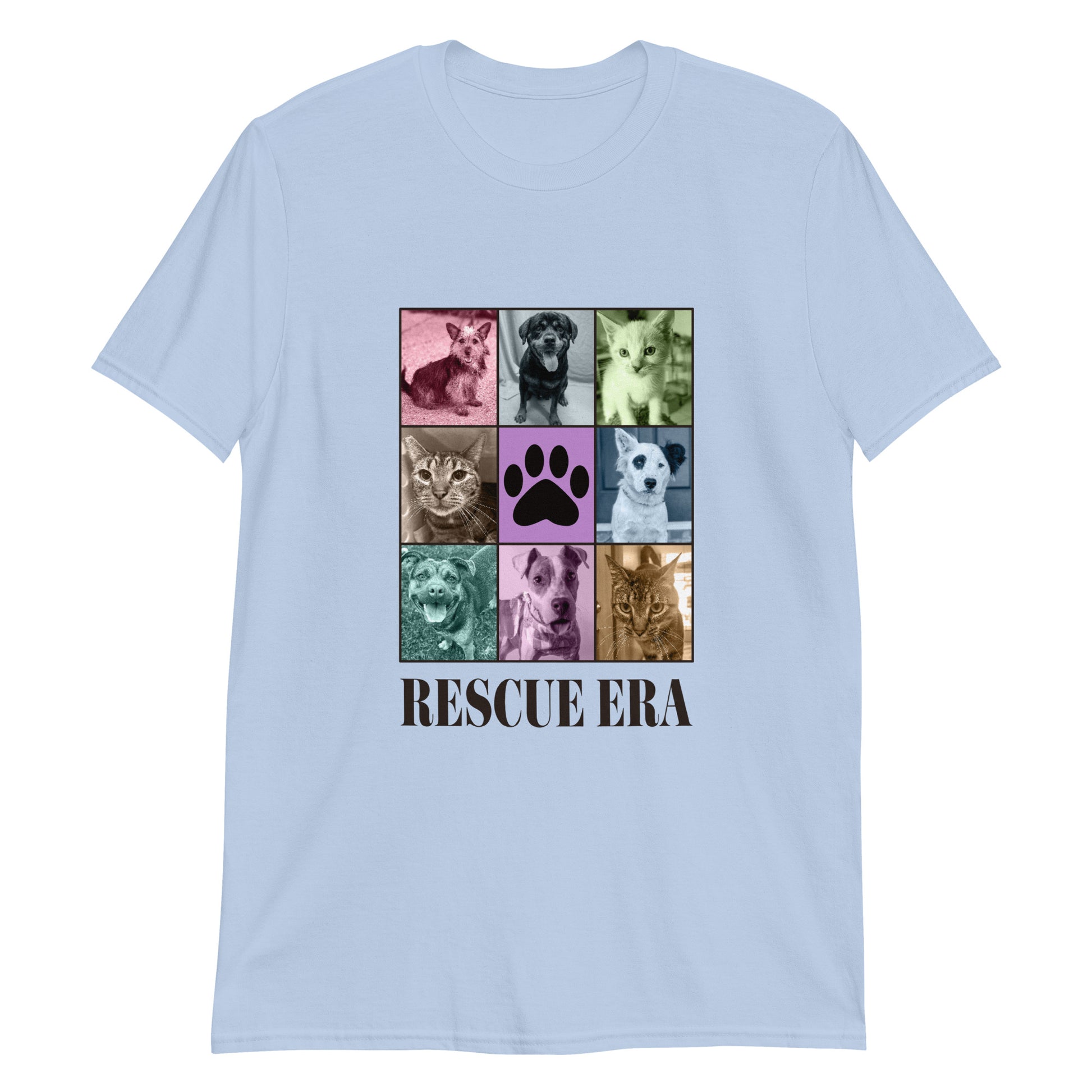 light Blue t-shirt with a grid of dog and cat images and 'RESCUE ERA' text on a white background