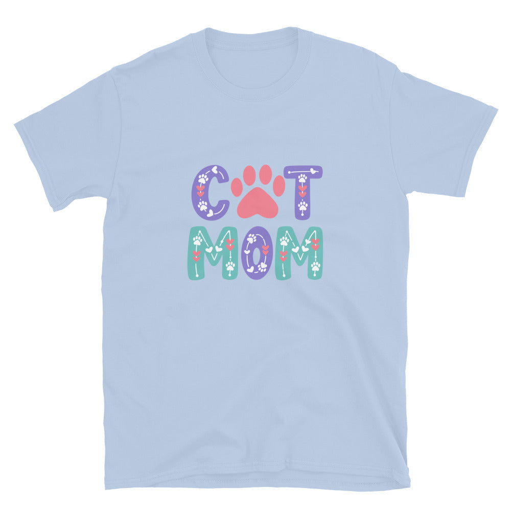 Light blue t-shirt with 'Cat Mom' text and paw prints on a white background