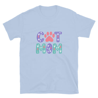 Light blue t-shirt with 'Cat Mom' text and paw prints on a white background