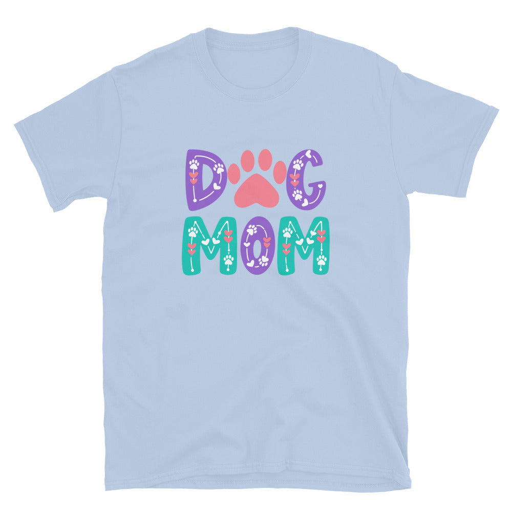 Light blue t-shirt with 'Dog Mom' text and paw prints on a white background