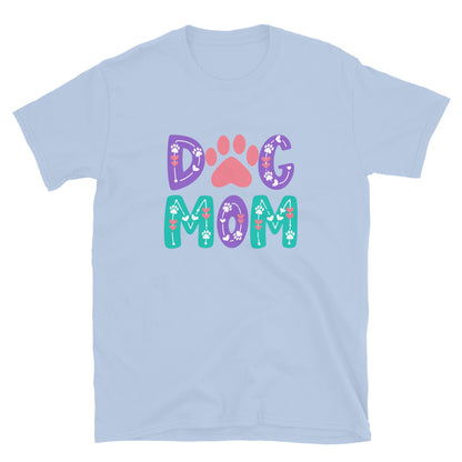 Light blue t-shirt with 'Dog Mom' text and paw prints on a white background
