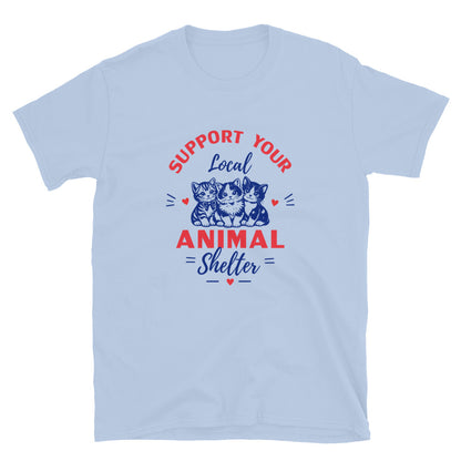 Light blue t-shirt with 'Support Your Local Animal Shelter' text and cat illustrations on a white background