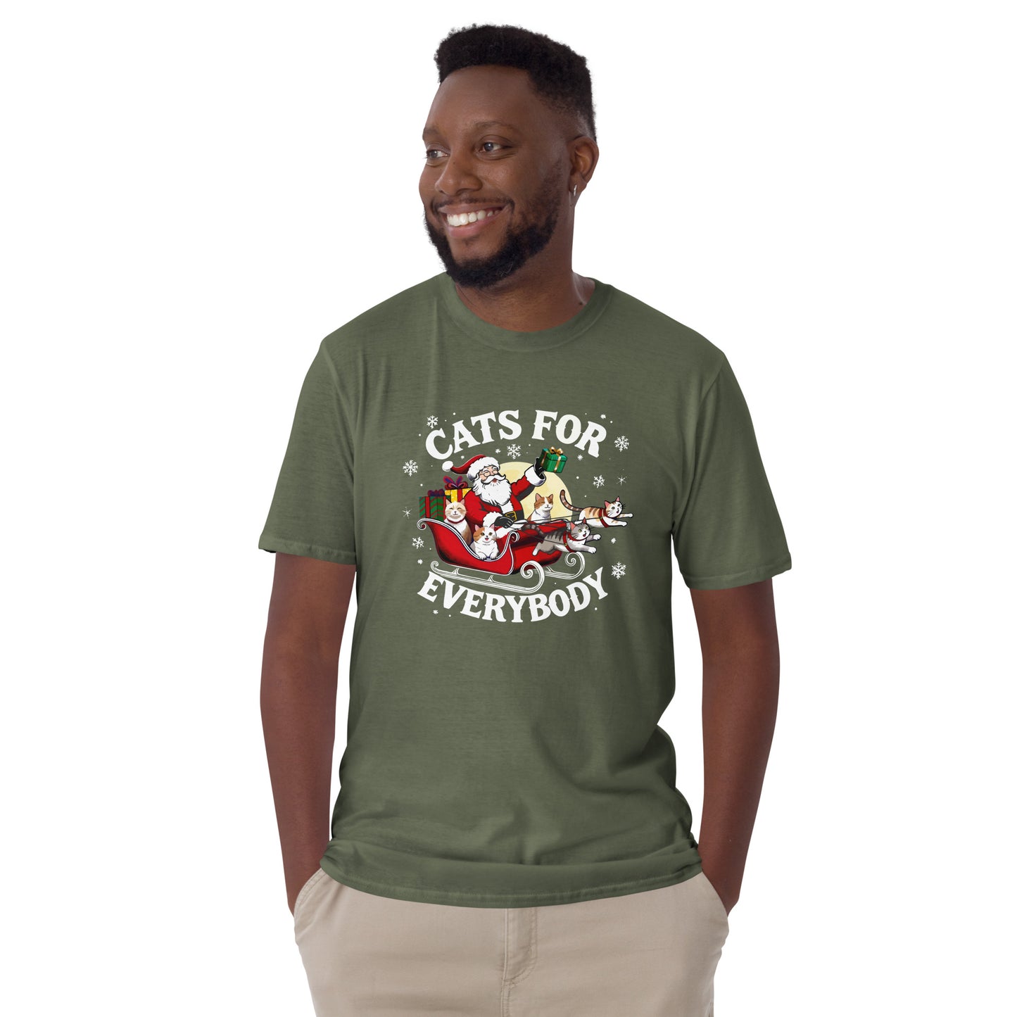 Santa in a sleigh being led by cats that says cats for everybody design on a olive green shirt