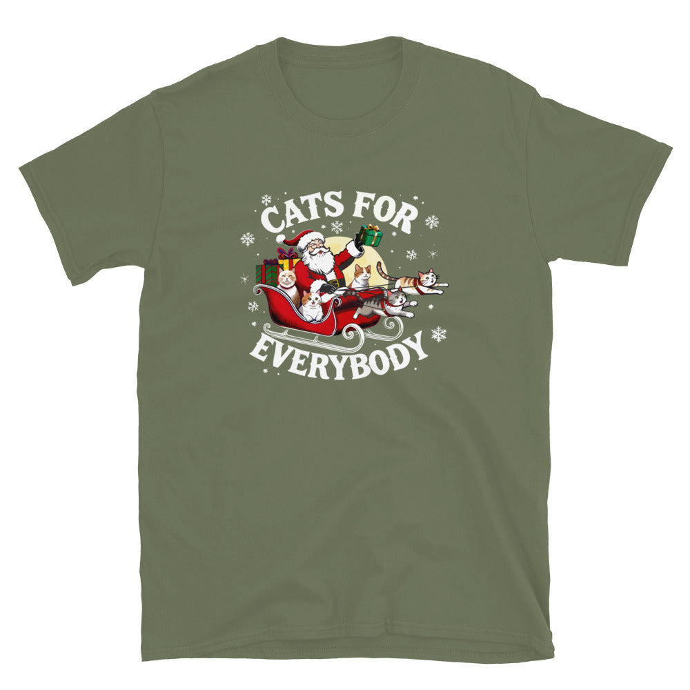 Santa in a sleigh being led by cats that says cats for everybody design on a military green shirt