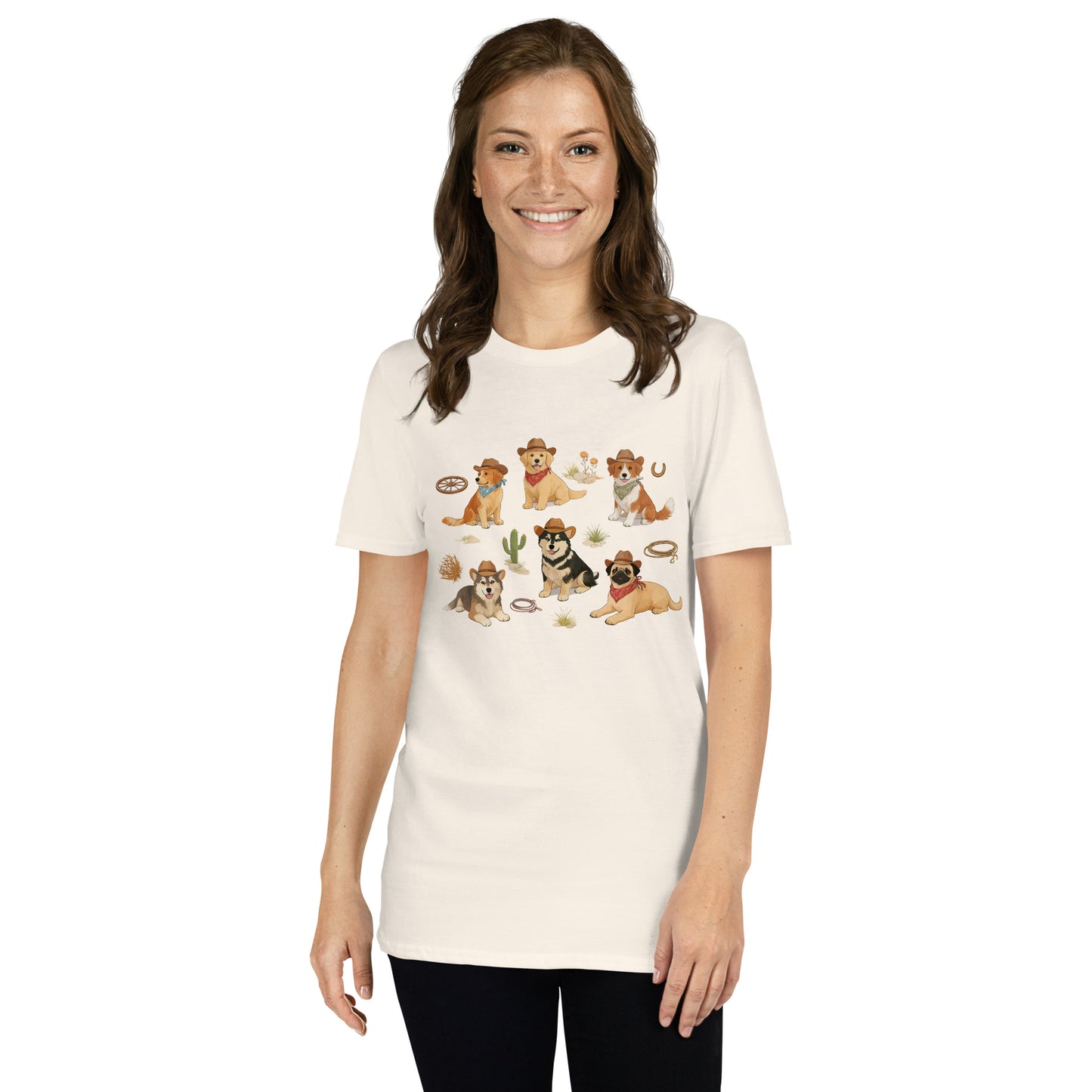 Woman wearing a cream t-shirt with dog illustrations on a white background