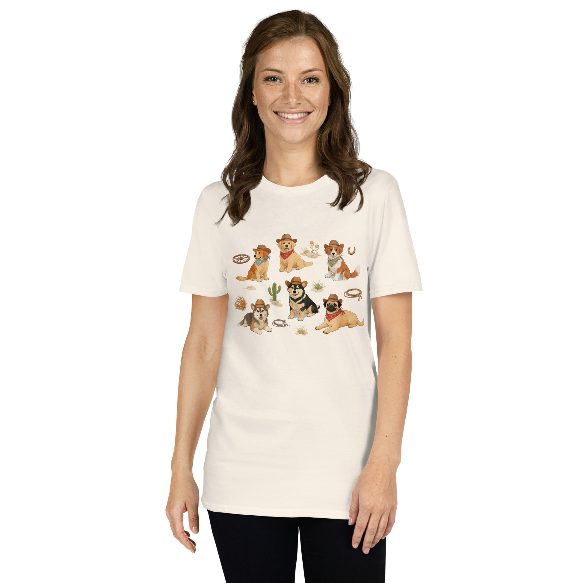 Woman wearing a cream t-shirt with dog illustrations on a white background