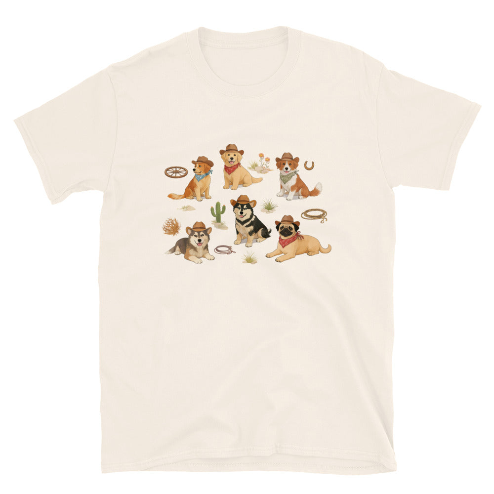 Beige t-shirt with cartoon dog illustrations on a white background