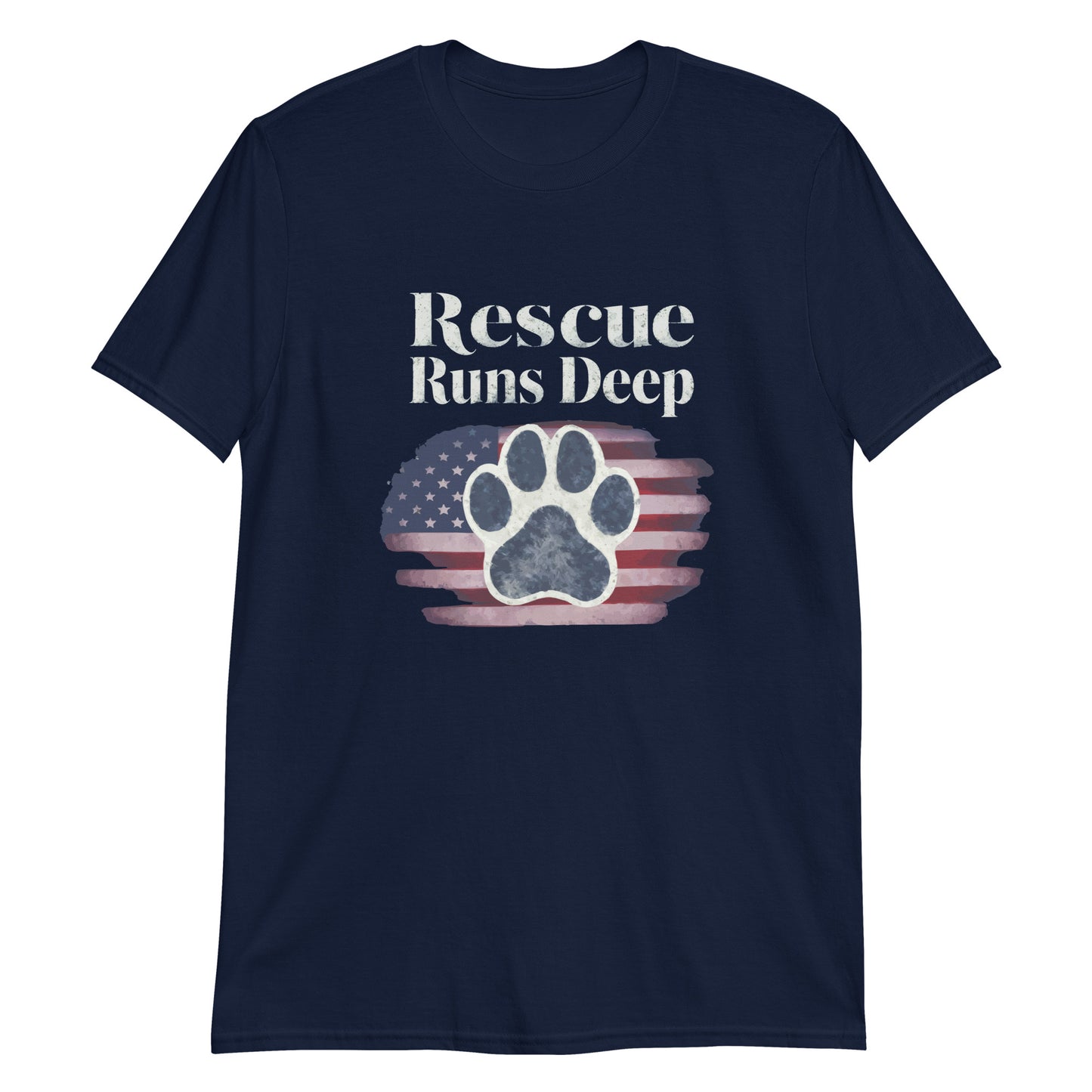 Navy t-shirt with 'Rescue Runs Deep' text and paw print design on a white background