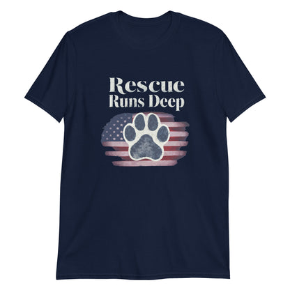 Navy t-shirt with 'Rescue Runs Deep' text and paw print design on a white background