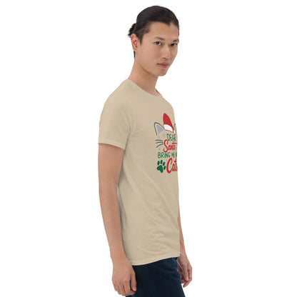 man wearing a tan Short Sleeve Shirt that reads Dear Santa Bring Me More Cats. Featuring a santa hat, cat ears and cat whiskers with paw prints