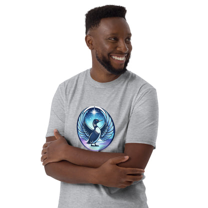 Man wearing a gray t-shirt with a blue and white graphic design on a white background
