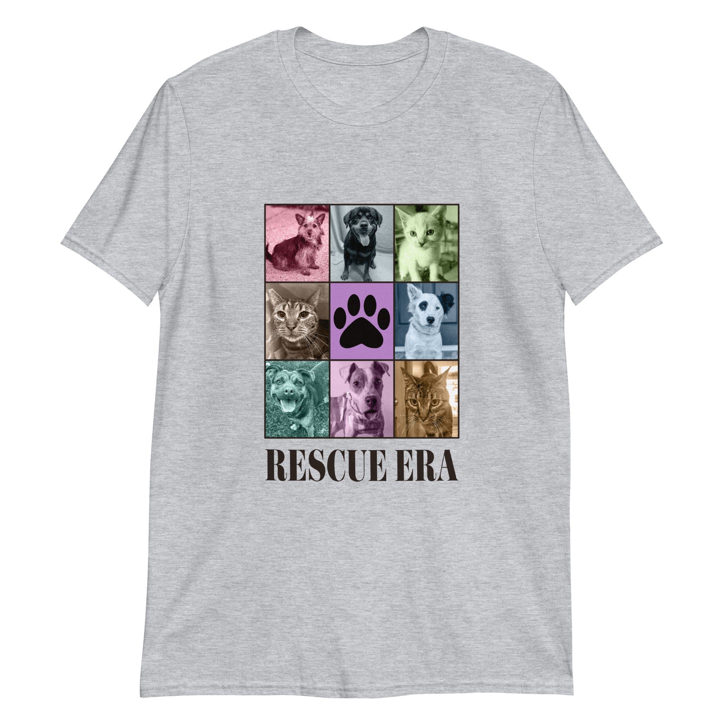Gray t-shirt with a grid of dog and cat images and 'RESCUE ERA' text on a white background