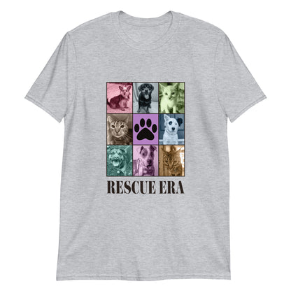 Gray t-shirt with a grid of dog and cat images and 'RESCUE ERA' text on a white background