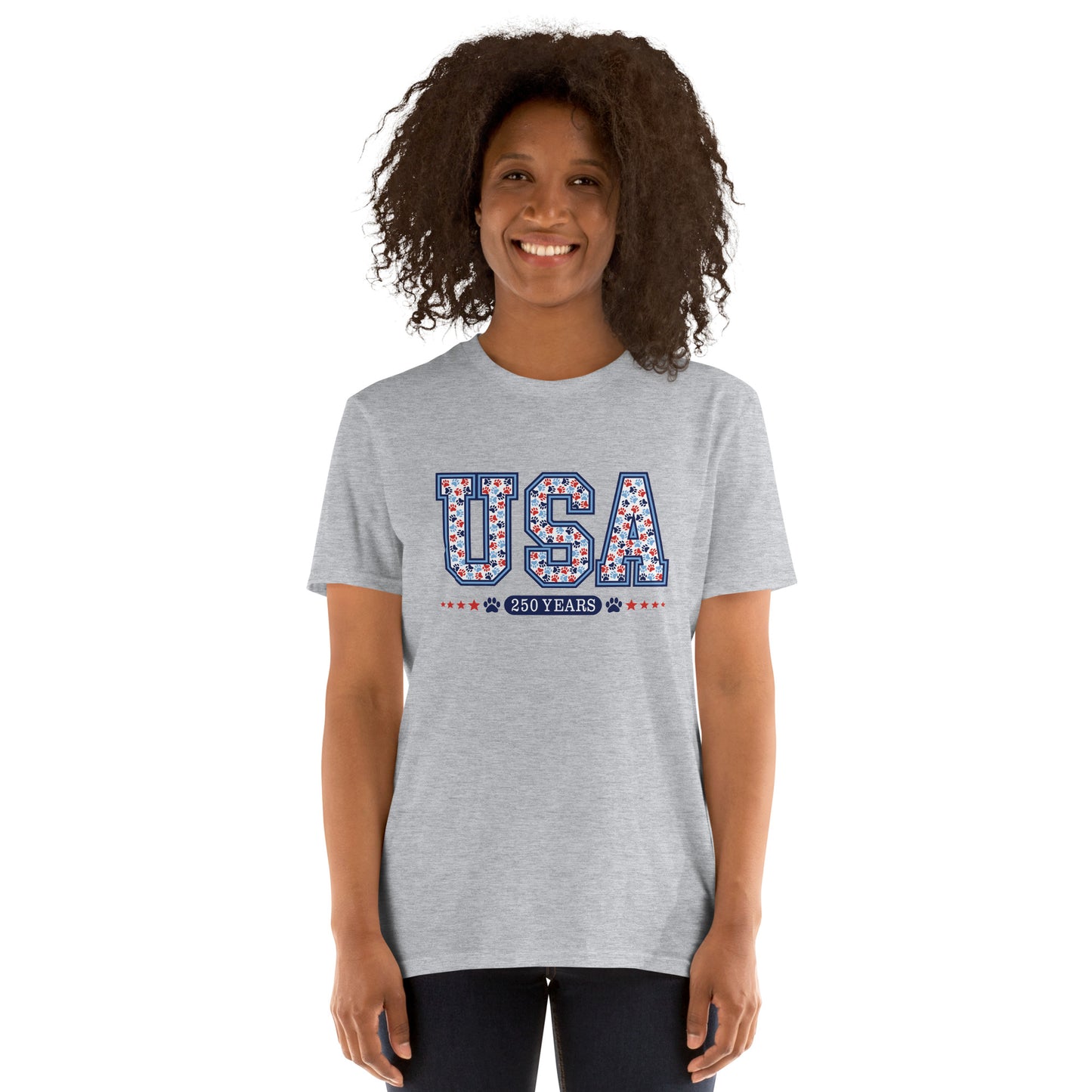 Person wearing a gray t-shirt with red text on a white background