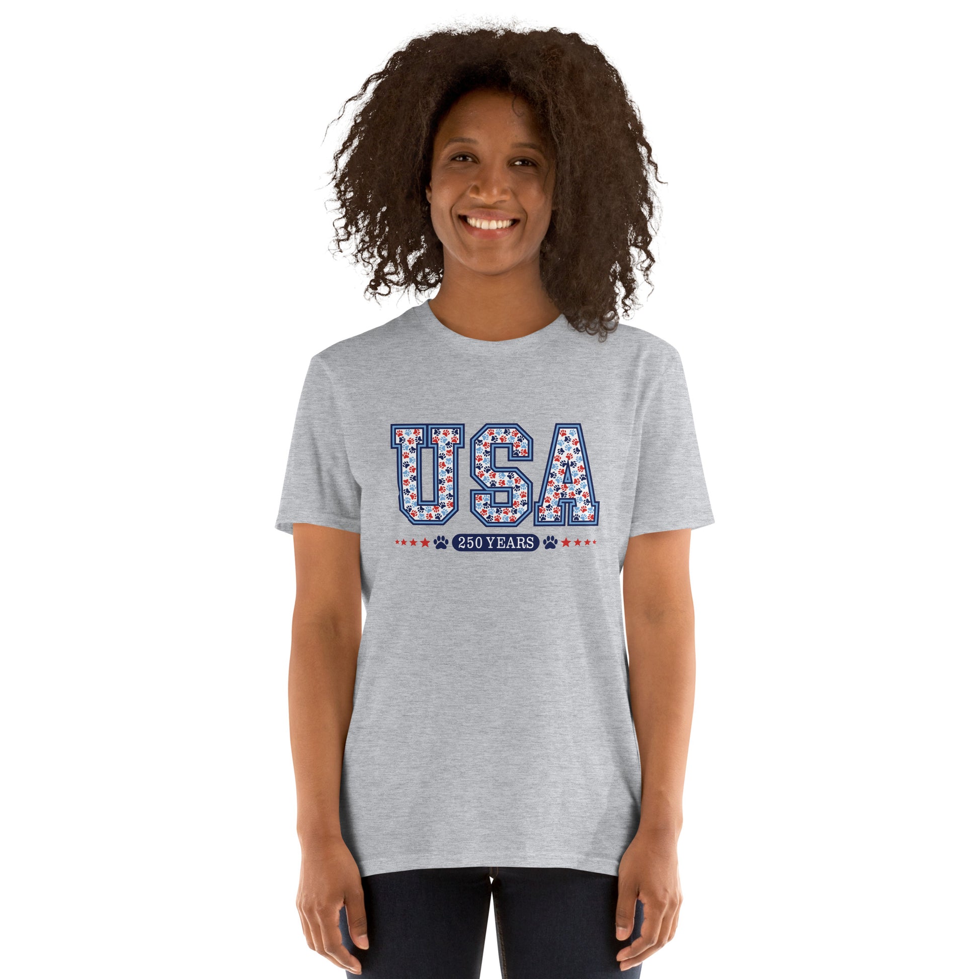 Person wearing a gray t-shirt with red text on a white background
