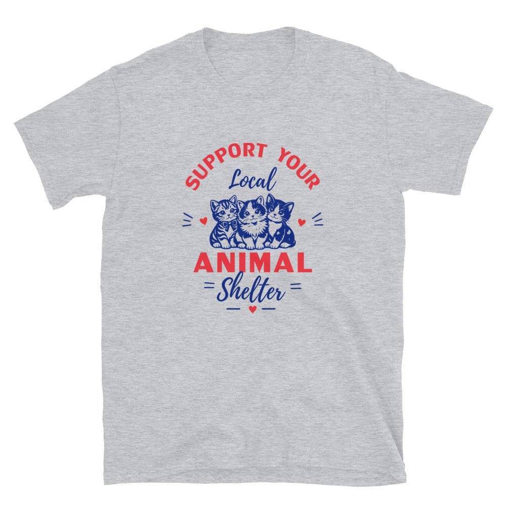 Gray t-shirt with 'Support Your Local Animal Shelter' text and cat illustrations on a white background