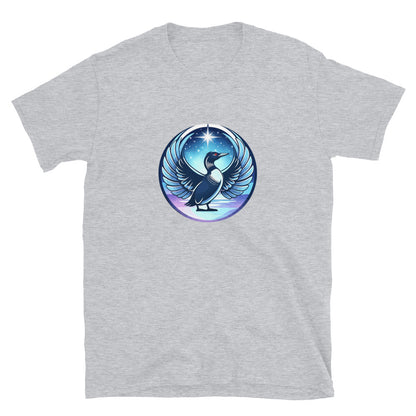 Gray t-shirt with a blue and purple graphic of a bird and star on a white background