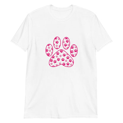 White short sleeve shirt with a pink paw print filled with mini pink paw prints