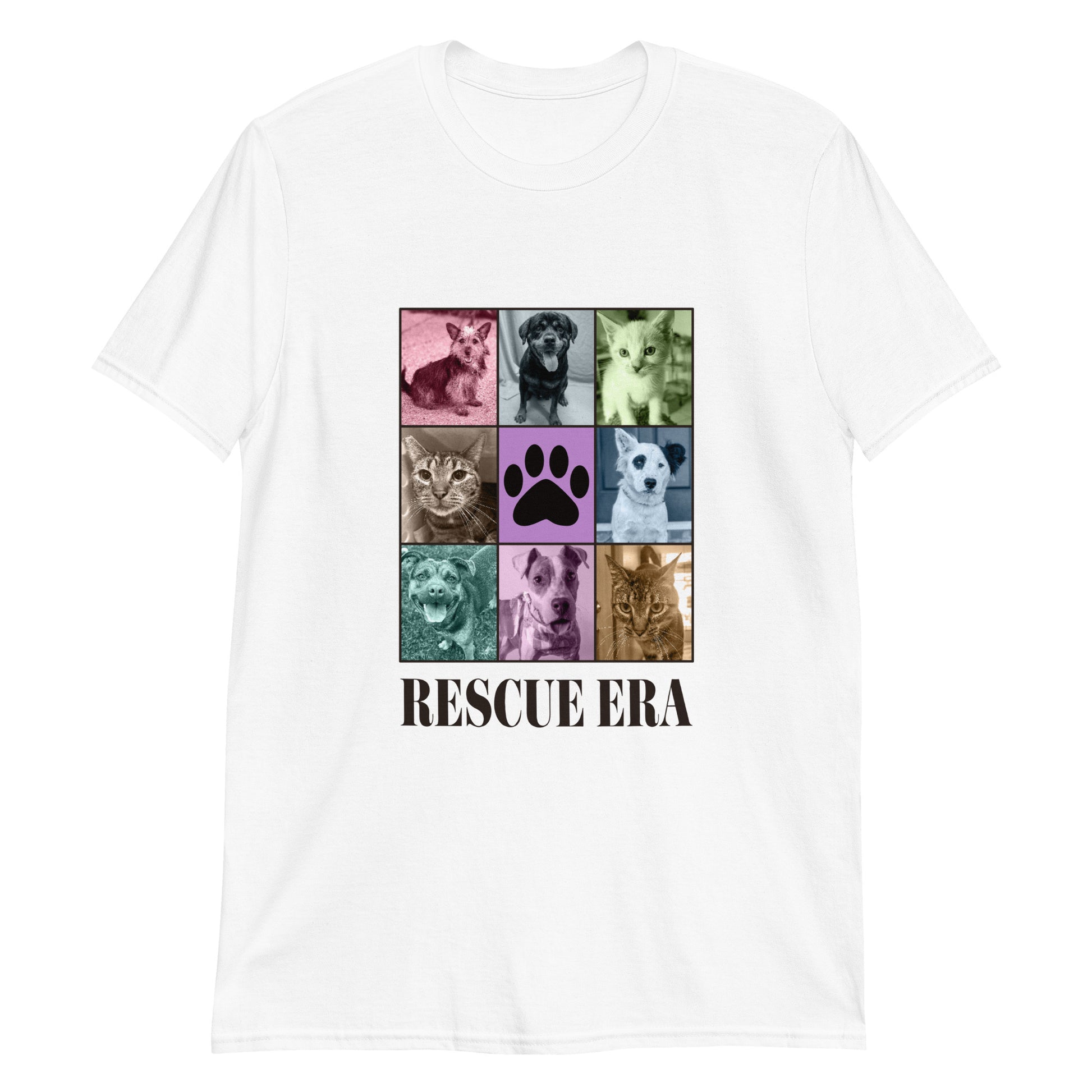 White t-shirt with a grid of dog and cat images and 'RESCUE ERA' text on a white background